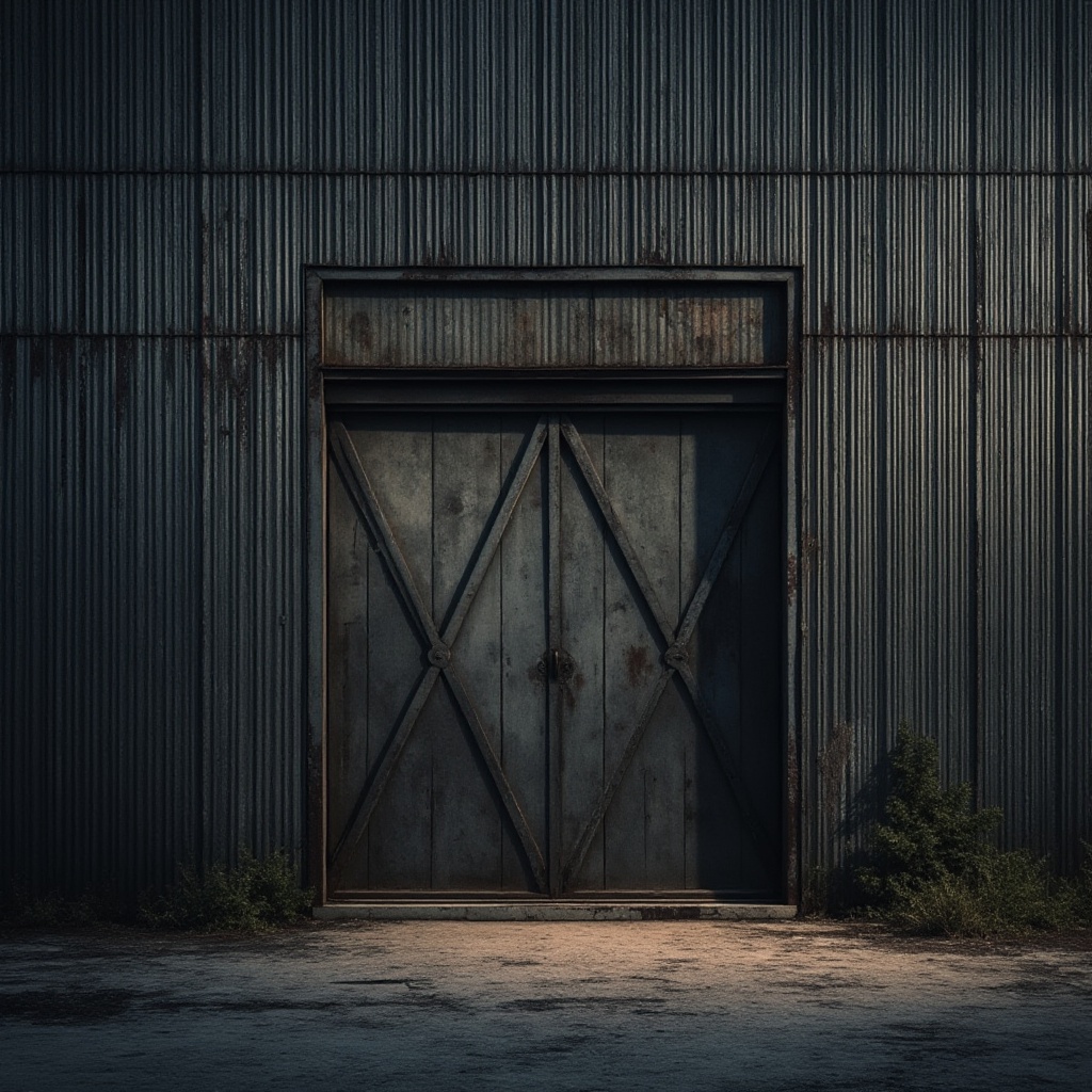 Prompt: Modern industrial architecture, corrugated iron wall, rustic metal texture, weathered exterior, urban cityscape, abandoned factory, brutalist building, dramatic lighting, high contrast, dark tones, bold composition, symmetrical framing, gritty urban atmosphere.