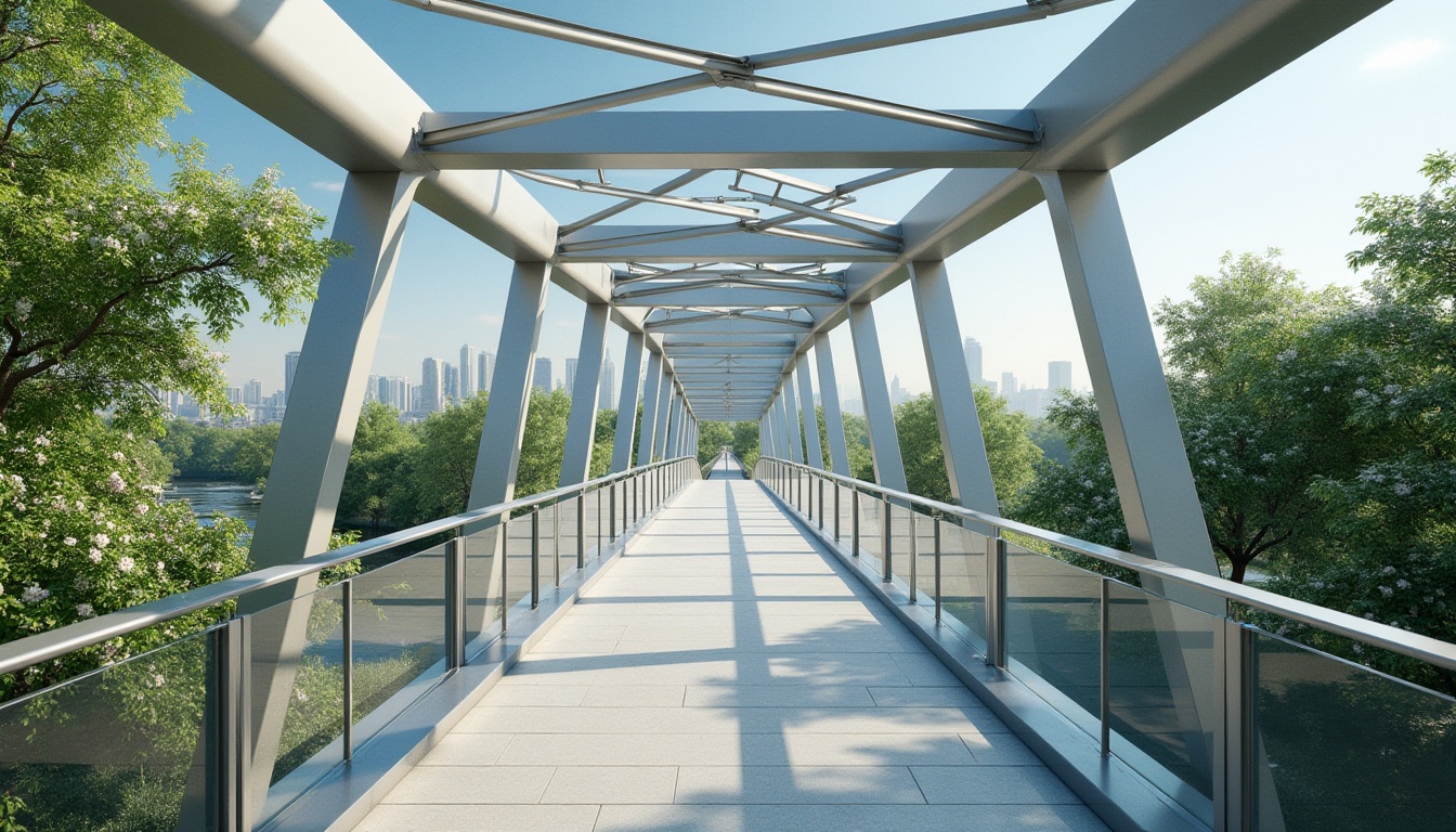 Prompt: Pedestrian bridge, modern minimalist architecture, sleek metal beams, glass flooring, urban landscape, city skyline, daytime, soft natural light, gentle shadows, vibrant greenery, lush trees, blooming flowers, tranquil atmosphere, 3/4 composition, low-angle shot, symmetrical framing, shallow depth of field, subtle texture, matte finish.