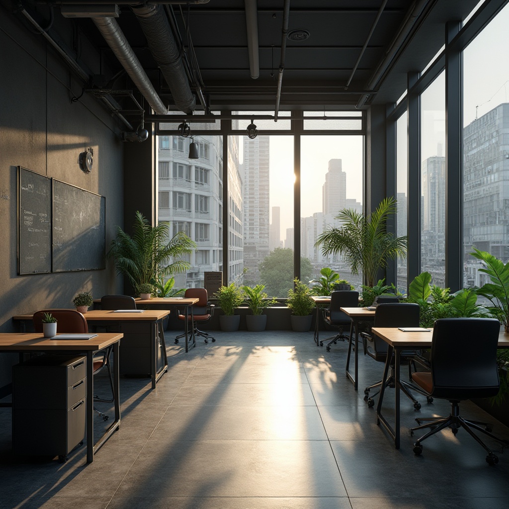 Prompt: Dark gray, educational space, interior design, modern minimalist, sleek lines, industrial chic, steel furniture, ergonomic chairs, wooden desks, green plants, natural light pouring through large windows, urban cityscape outside, afternoon sun casting subtle shadows, atmospheric ambient lighting, 3/4 composition, shallow depth of field.