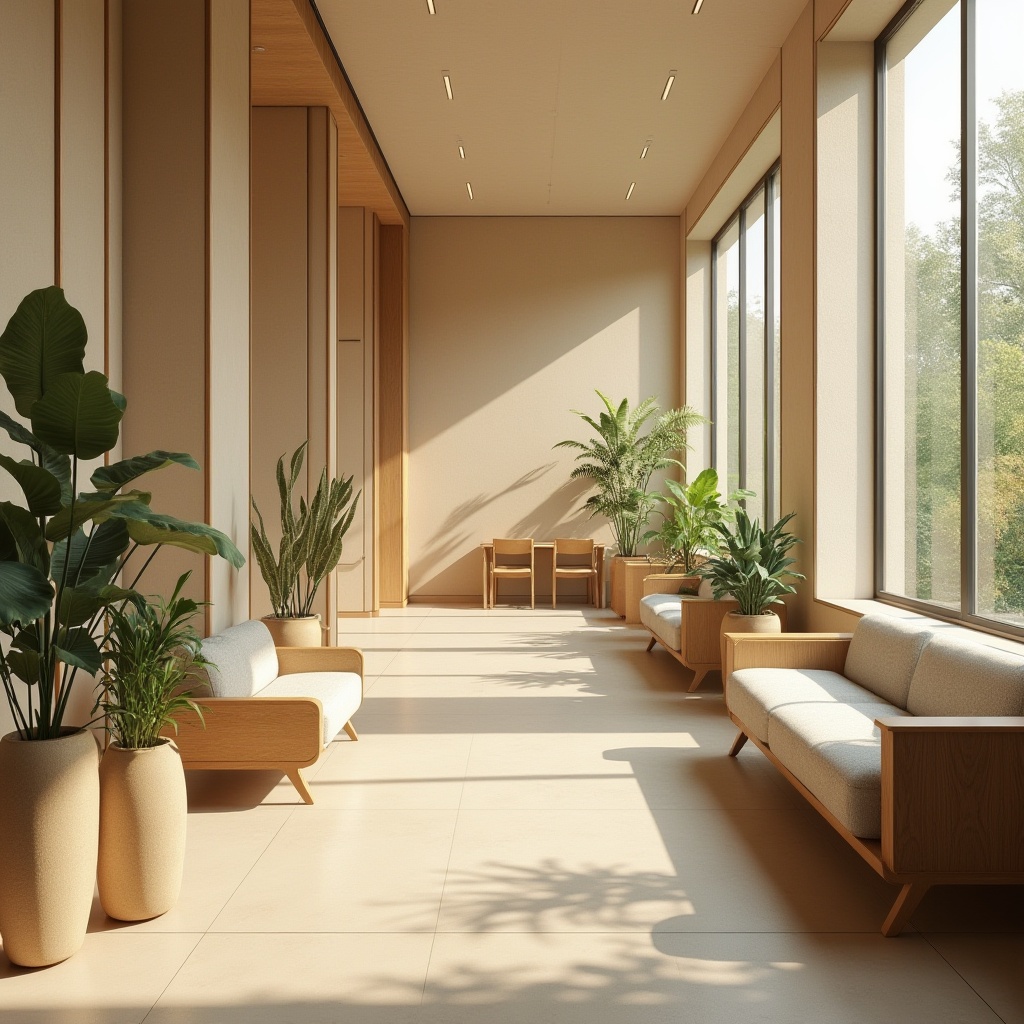 Prompt: Modern student halls, minimalist interior design, natural sand material walls, beige color tone, smooth texture, sleek lines, cozy atmosphere, warm lighting, comfortable furniture, wooden accents, green plants, floor-to-ceiling windows, panoramic view, 3/4 composition, softbox lighting.