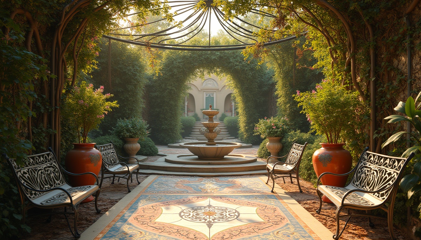 Prompt: Art Nouveau outdoor space, ornate ironwork benches, curved lines, flowing botanical patterns, intricate mosaics, grand villa, Mediterranean garden, lush greenery, vibrant flowers, twisting vines, stone fountain, soft sunlight filtering through trellis, warm afternoon ambiance, 3/4 composition, shallow depth of field, warm color palette, cinematic lighting, ornate ceramic vases, decorative lanterns, winding staircases, romantic atmosphere.