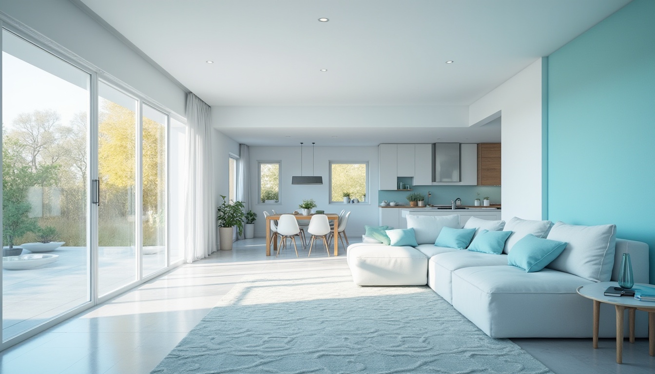 Prompt: Light blue house, modern minimalist architecture, large windows, sleek lines, white walls, light blue accents, glass doors, spacious interior, open-plan living room, comfortable couch, pastel blue throw pillows, geometric patterned rug, minimal decor, natural light pouring in, airy atmosphere, bright and calming ambiance, 3/4 composition, soft focus, warm lighting.