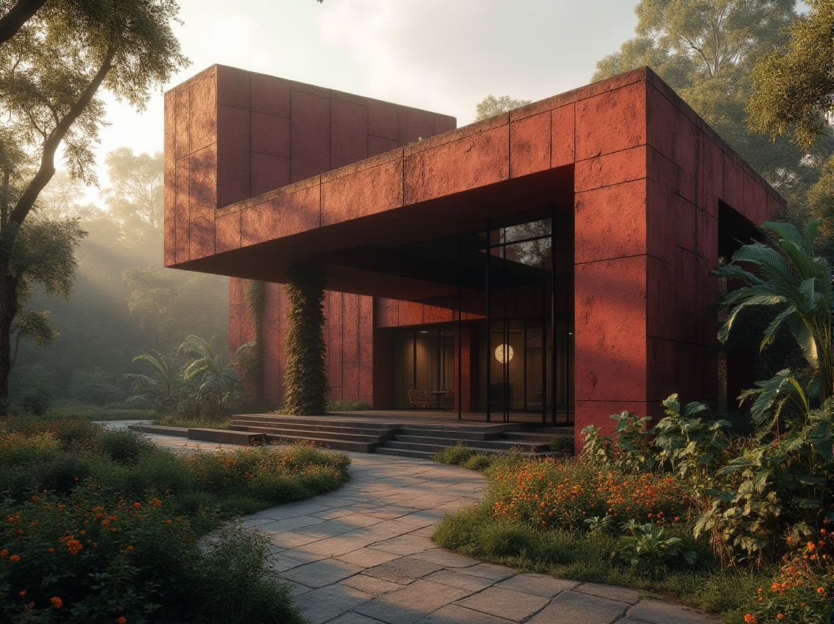 Prompt: Maroon-colored brutalist pavilion, rugged concrete structure, geometric shapes, sharp edges, industrial metal beams, large glass windows, minimalist decorations, surrounded by lush greenery, tropical plants, vibrant flowers, misty atmosphere, warm golden lighting, dramatic shadows, 3/4 composition, low-angle shot, cinematic mood, brutalist architecture, modern art museum, urban landscape, cityscape.