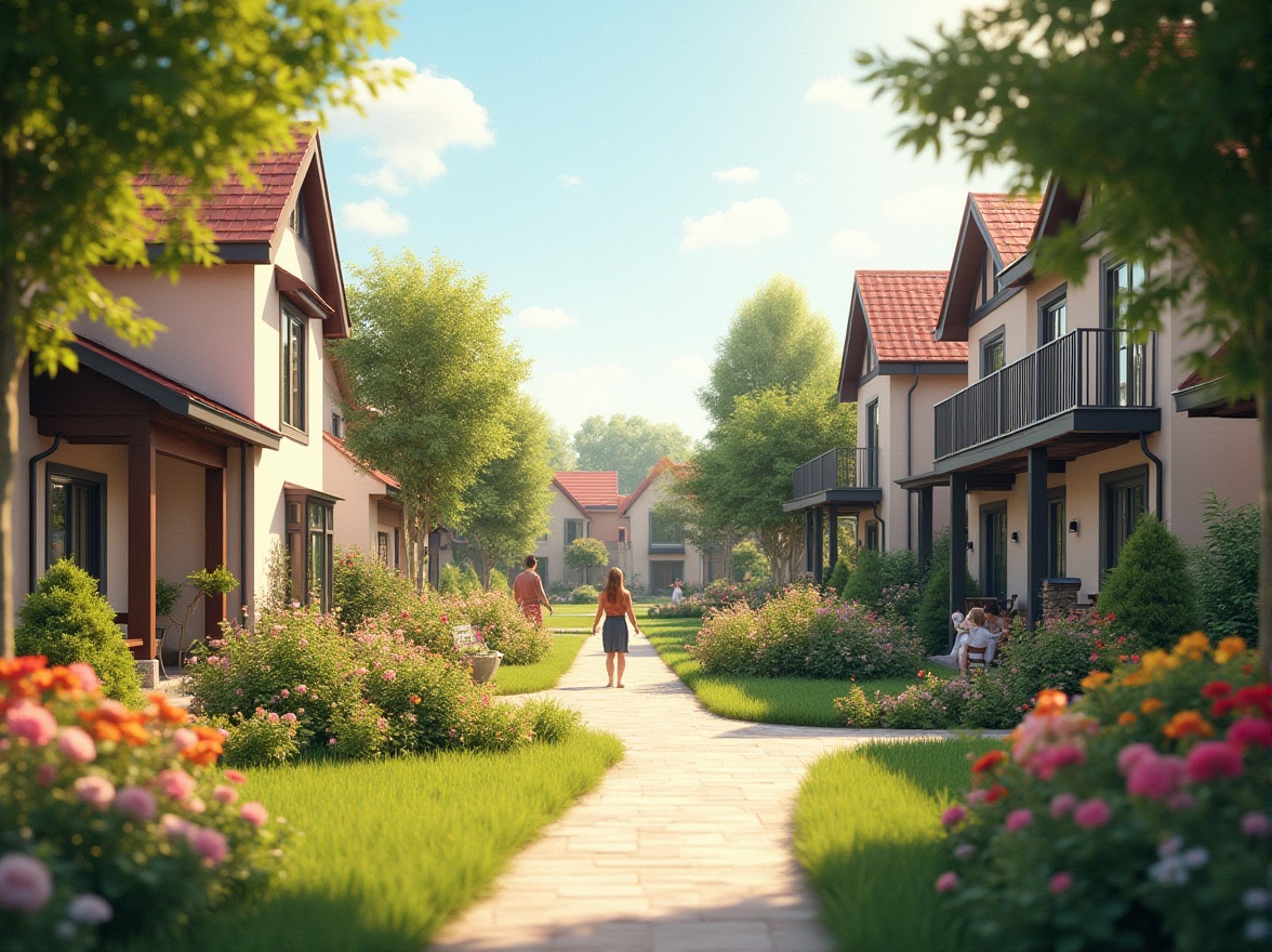 Prompt: Residential community, suburban neighborhood, green spaces, pedestrian-friendly streets, modern townhouses, cozy gardens, vibrant flowers, sunlit sidewalks, children playing, happy families, warm afternoon light, soft shadows, 3/4 composition, natural colors, gentle texture, serene atmosphere.