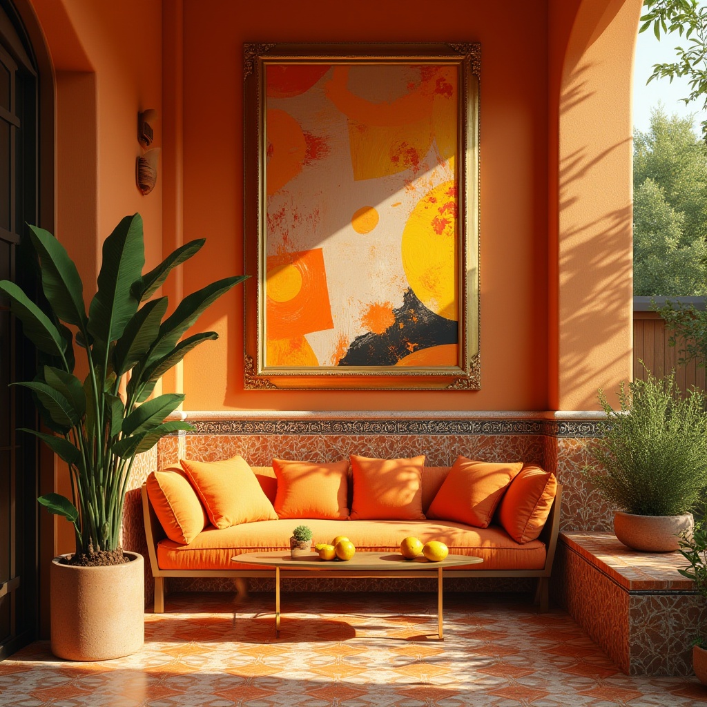 Prompt: Vibrant tangerine orange, trendy modern art, abstract geometric patterns, bold brushstrokes, intricate details, eclectic decorative accents, ornate gold frames, luxurious velvet fabrics, exotic Moroccan tiles, bright citrus fruits, lush greenery, sunny outdoor settings, warm afternoon lighting, shallow depth of field, 3/4 composition, cinematic bokeh effect.