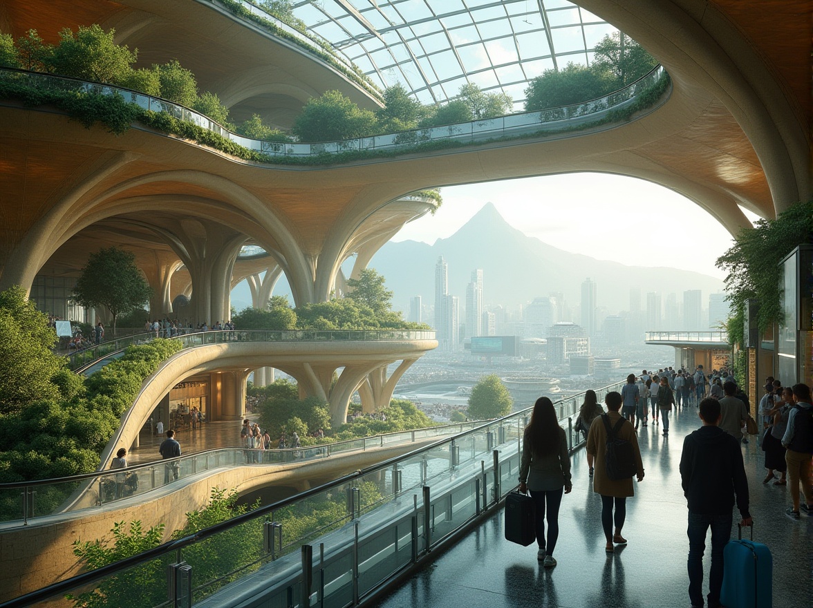 Prompt: Futuristic transportation hub, organic architecture, undulating curves, wavy lines, green roofs, lush vegetation, natural stone walls, wooden accents, steel beams, glass ceiling, panoramic view, soft indirect lighting, morning sunbeams, subtle shadows, urban jungle, busy travelers, suitcases, backpacks, laptops, coffee cups, escalators, moving walkways, modern cityscape, skyscrapers, bustling streets, misty atmosphere, cinematic composition, depth of field.