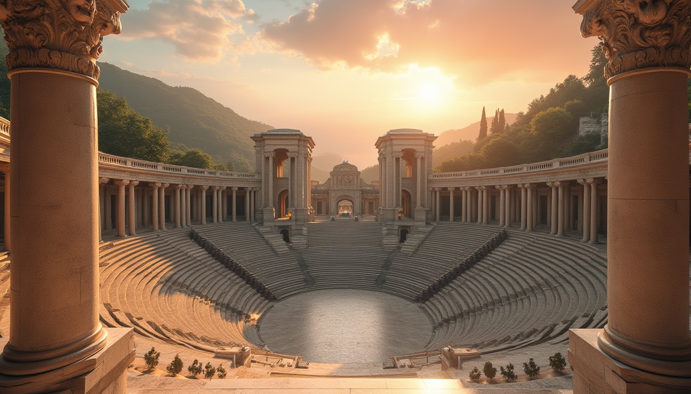 Prompt: Ancient Greek inspired stadium, classical columns, arches, ornate carvings, grandiose entrance, sweeping staircase, symmetrical facade, majestic dome, intricate stone patterns, marble flooring, subtle lighting, warm beige tones, lush greenery, surrounding hills, panoramic view, dramatic sunset, atmospheric mist, 3/4 composition, low-angle shot, cinematic depth of field.