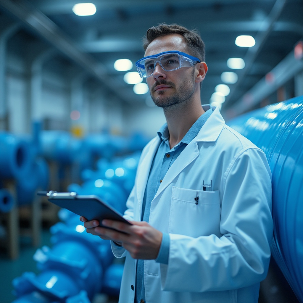 Prompt: Polyethylene materials, industrial setting, factory background, shiny floor, metal machinery, engineer wearing safety glasses, white coat, holding clipboard, standing near polyethylene pipes, bright lighting, high-angle shot, blue and white color scheme, detailed texture, reflective surface, 3/4 composition, softbox lighting.