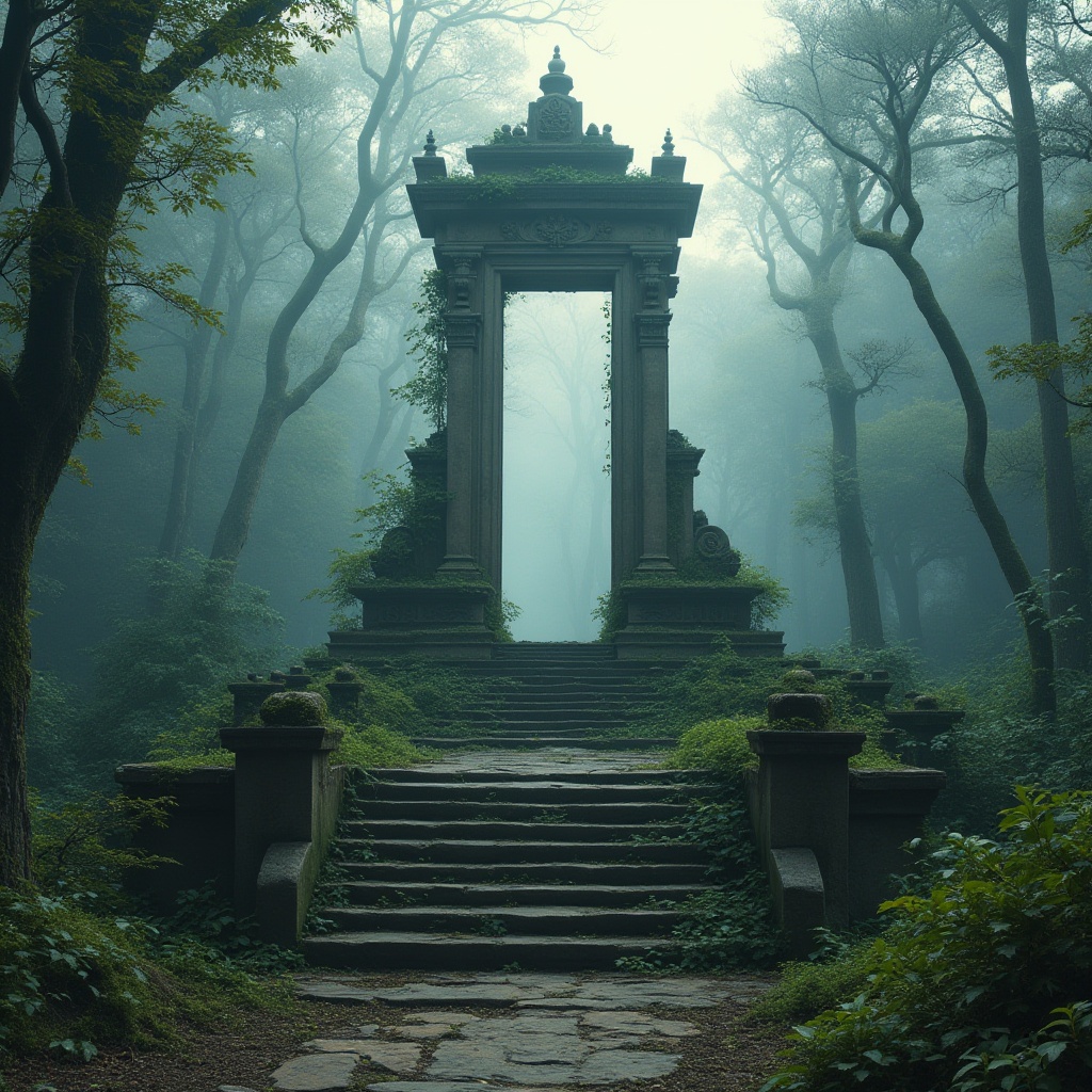 Prompt: Monument design, forest theme, ancient trees, misty atmosphere, mysterious ruins, stone pedestal, intricate carvings, vines wrapping around columns, moss-covered steps, natural materials, earth tones, misty lighting, atmospheric fog, scenic panoramic view, 3/4 composition, soft focus, ambient light, cinematic mood, historical significance, serene ambiance.