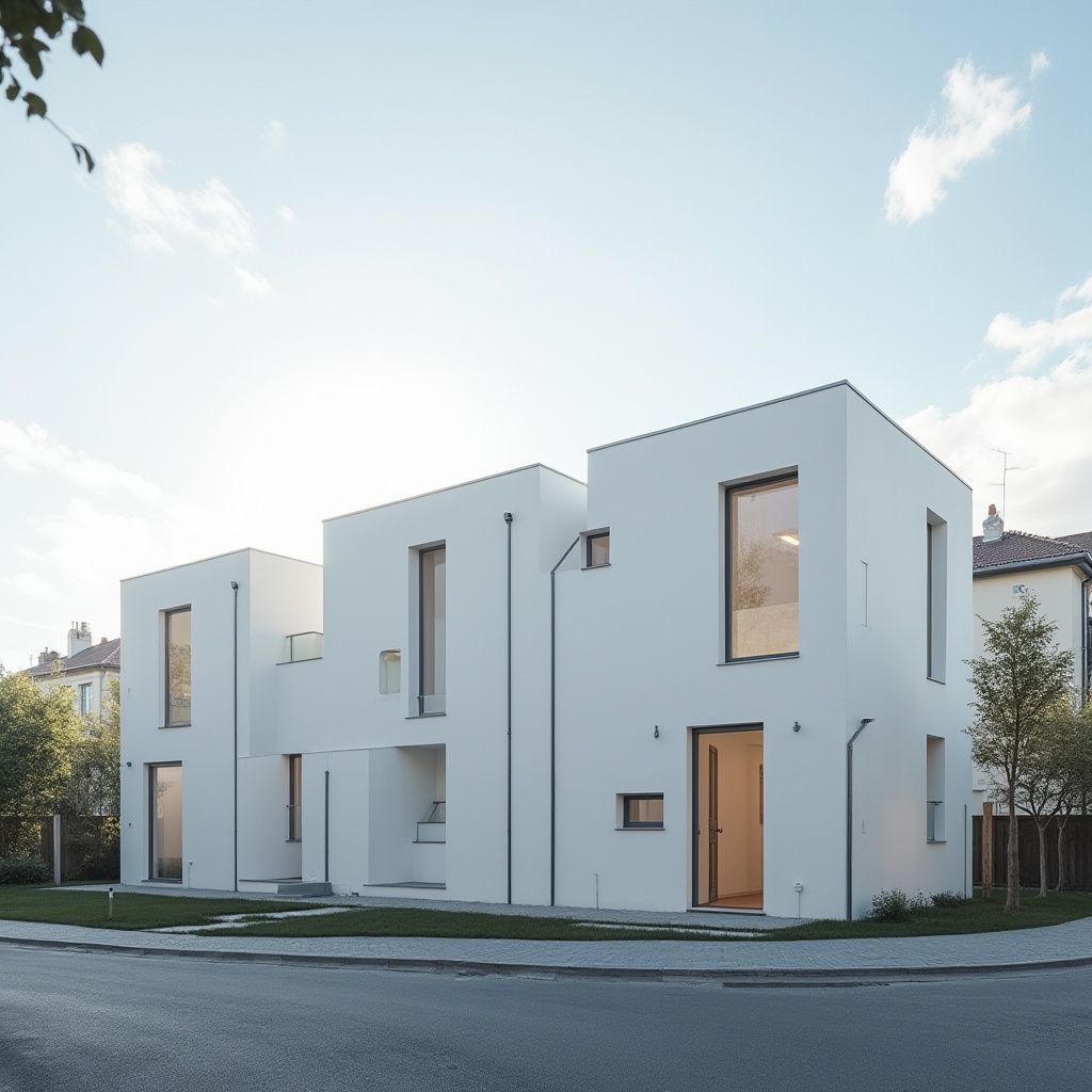 Prompt: Minimalist social housing, modern architecture, white building exterior, clean lines, rectangular shape, large windows, natural light, empty space, simplicity emphasis, Scandinavian influence, urban background, cityscape, blue sky, few clouds, afternoon sunlight, subtle shadows, 3/4 composition, soft focus, warm tone, calm atmosphere, neutral color palette.