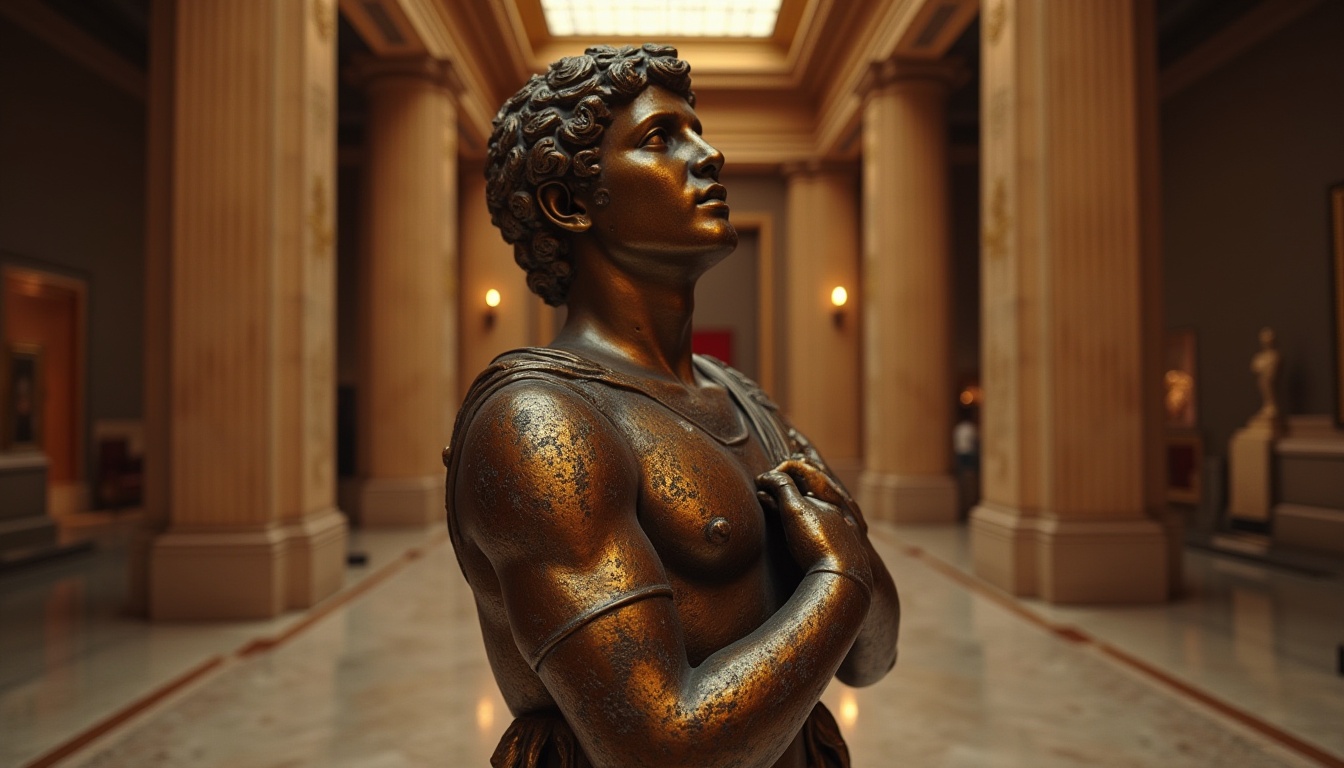 Prompt: Bronze statue, luxurious interior, warm bronze color, metallic texture, intricate details, ornate patterns, ancient Greece-inspired, museum setting, grand hall, high ceiling, marble floor, softbox lighting, warm ambient glow, 3/4 composition, low-angle shot, dramatic shadows, realistic reflection, cinematic mood.