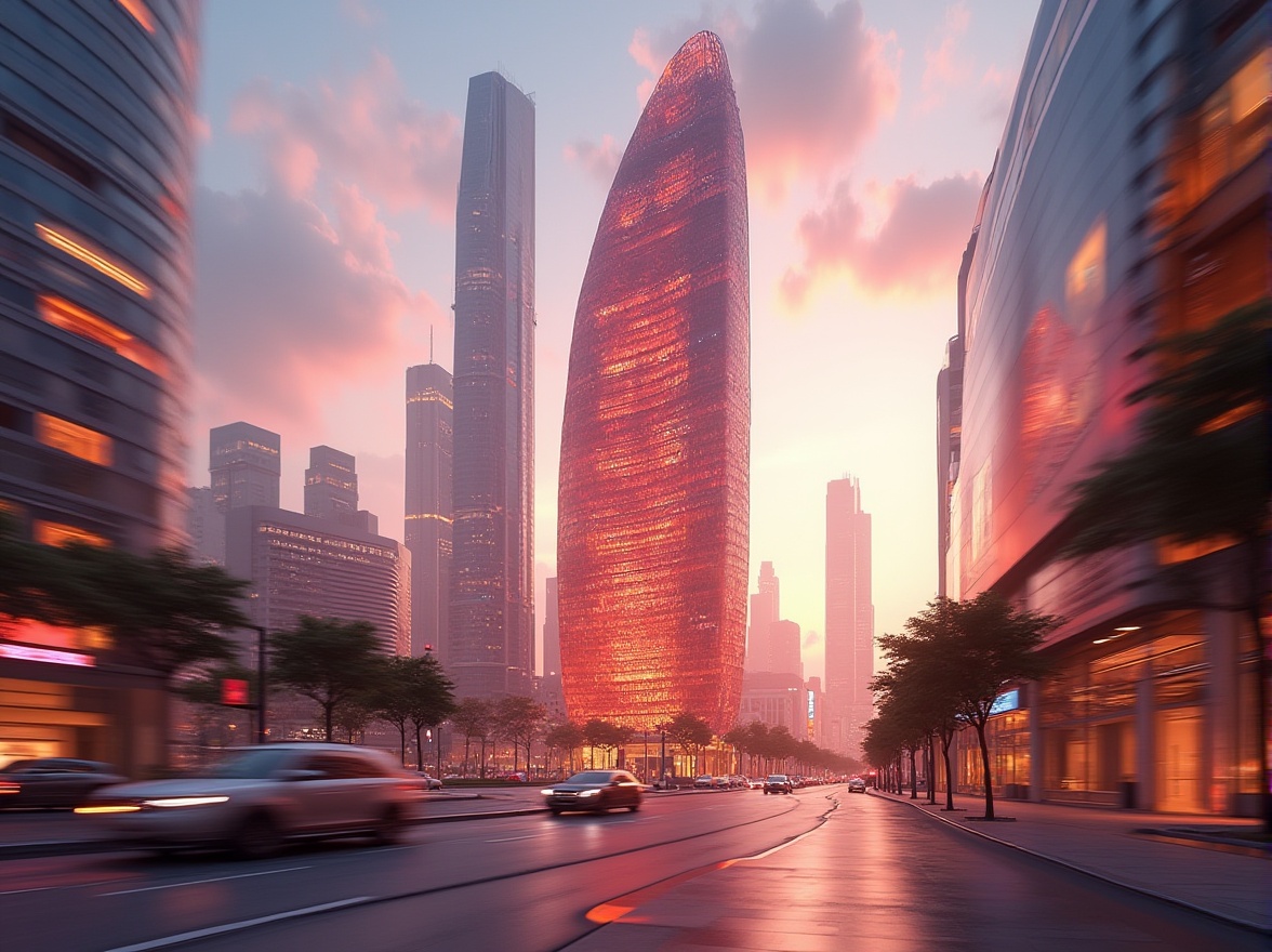 Prompt: Coral-colored skyscraper, futuristic architecture, sleek lines, rounded edges, glossy finish, reflective glass, metallic accents, vibrant coral hue, gradual ombre effect, sunset-inspired colors, urban cityscape, busy streets, modern transportation, blurred motion, shallow depth of field, dramatic lighting, cinematic composition, low-angle shot, symmetrical framing.