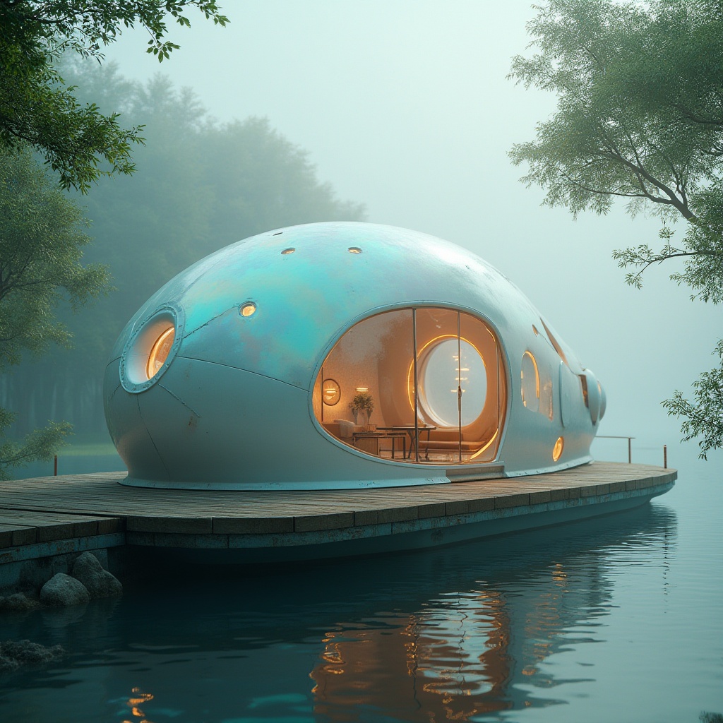 Prompt: Floating boathouse, Blobitecture style, futuristic design, iridescent shell, glowing accents, soft pulsing lights, reflective water surface, ripples, lake, misty morning, serene atmosphere, lush greenery, overhanging trees, wooden dock, vintage nautical elements, distressed wood, copper fixtures, porthole windows, curved lines, organic shape, white and turquoise color scheme, ambient occlusion, warm lighting, cinematic composition.