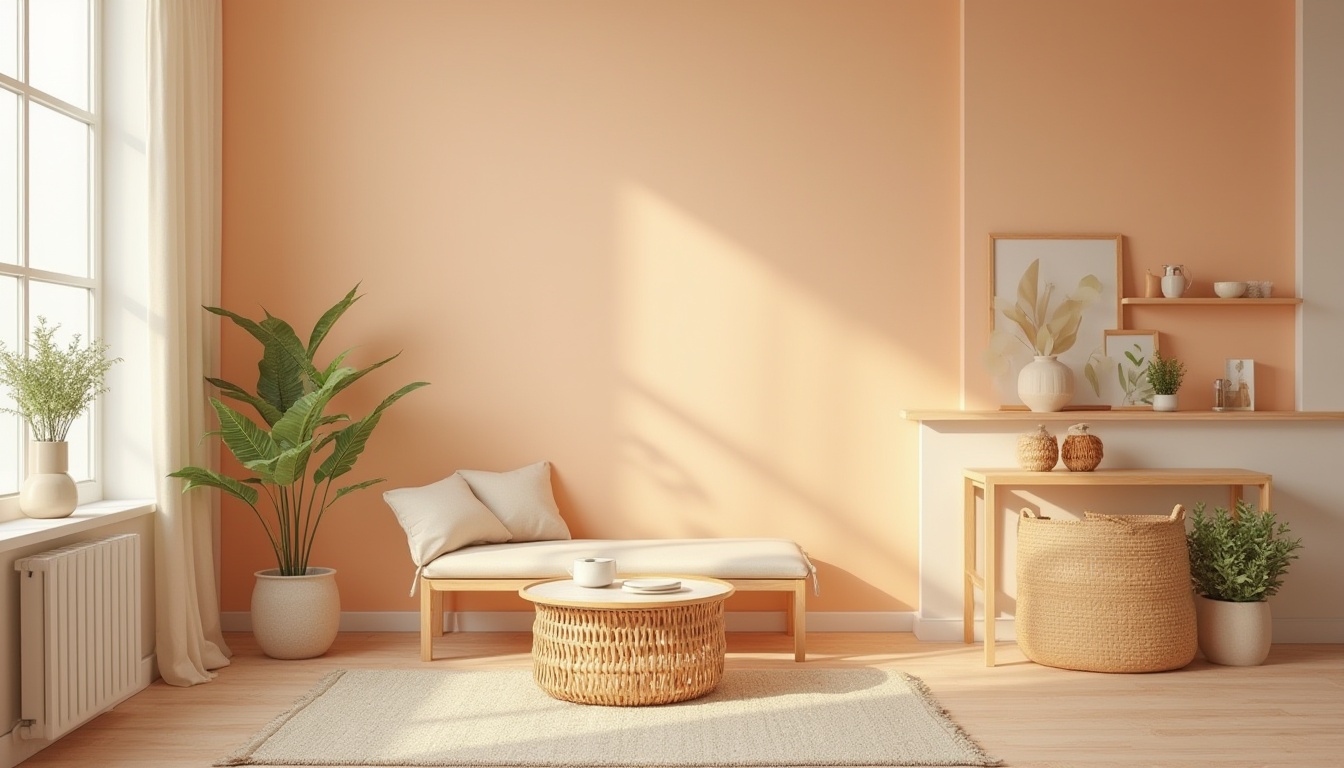 Prompt: Apricot color, warm beige tone, pastel hue, soft gentle lighting, interior design, modern minimalist space, Scandinavian style furniture, wooden accents, cream-colored walls, geometric patterns, natural textiles, woven baskets, potted plants, cozy atmosphere, inviting ambiance, 3/4 composition, shallow depth of field, soft focus, film grain texture.