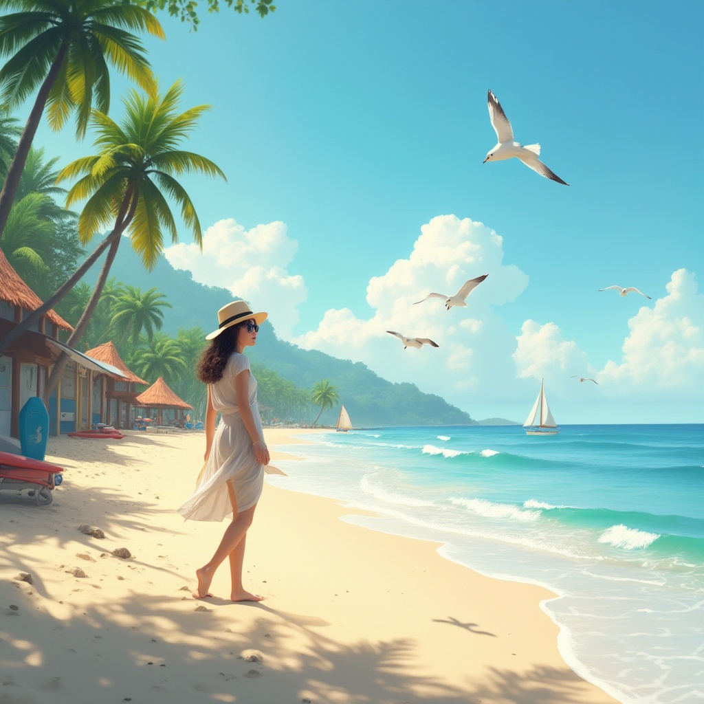 Prompt: Coastal scenery, serene atmosphere, warm sandy beach, gentle ocean waves, clear blue sky with few white clouds, palm trees swaying in the breeze, beach huts, surfboards, sailboats, seagulls flying overhead, a lone figure walking along the shoreline, relaxed posture, casual clothing, sunglasses, straw hat, gentle facial expression, natural makeup, wind-swept hair, soft focus, warm lighting, 3/4 composition, shallow depth of field.