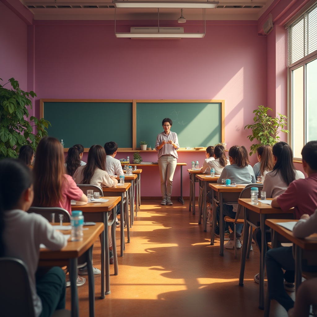 Prompt: Educational space, plum color walls, vibrant atmosphere, wooden desks, metal chairs, blackboards, green plants, water bottles, open windows, natural light, soft shadows, warm tone, creative ambiance, inspiration sparks, students' curious expressions, teacher's enthusiastic gestures, 3/4 composition, shallow depth of field, soft focus, gentle lighting.