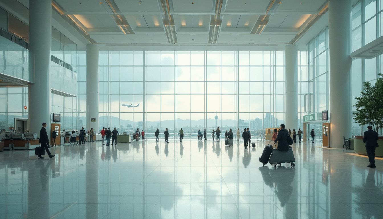 Prompt: Valley spaces, airport, modern architecture, grand scale, natural light, high ceiling, white marble floor, greenery walls, minimalistic interior design, busy passengers, luggage carts, announcements boards, departure gates, air traffic control tower, airplanes on runway, cloudy sky, urban landscape, dramatic composition, wide-angle lens.