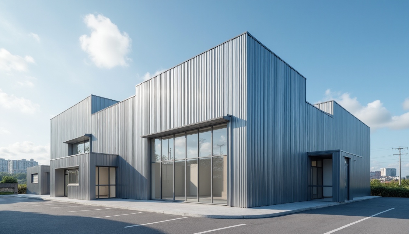 Prompt: Modern school, corrugated metal, exterior wall cladding, silver grey color, industrial feel, clean lines, minimalist aesthetic, rectangular shape, large windows, natural light, urban background, cityscape, blue sky, few white clouds, sunny day, low-angle shot, dramatic lighting, sharp shadows.