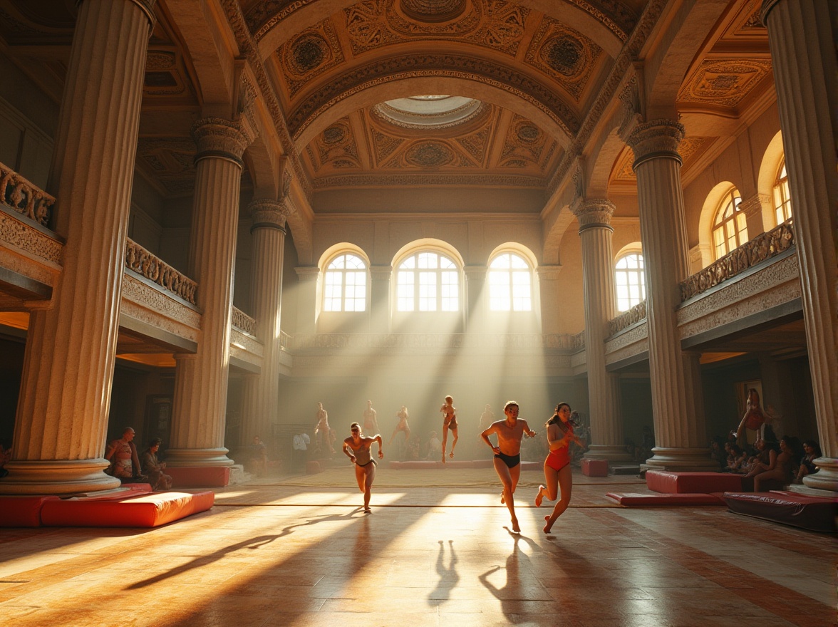 Prompt: Ancient Roman-inspired gymnasium, grandiose architecture, ornate columns, high ceilings, intricate mosaics, natural light pouring in through large windows, fiber-cement composite materials, textured rough stone walls, smooth marble floors, wooden gymnastic equipment, ropes, pulleys, vaulting horses, exercise mats, athletes in motion, jumping, flipping, running, intense facial expressions, dynamic body language, warm golden lighting, dramatic shadows, 3/4 composition, low-angle shot, sense of grandeur.