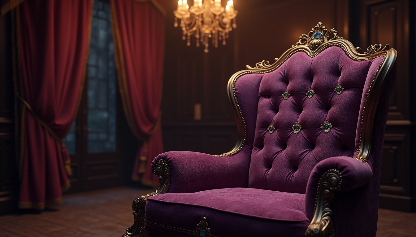 Prompt: Luxurious amethyst-colored velvet fabric, intricate embroidery, ornate gold metal frame, gemstone inlays, lavish interior design, regal throne-like chair, majestic drapery, opulent chandelier, dimly lit aristocratic study room, mysterious dark wood paneling, soft warm candlelight, cinematic composition, shallow depth of field.