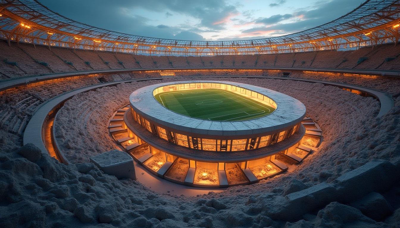 Prompt: Stadium design, sports architecture, modern construction, sand-casted materials, textured walls, rough stone façade, steel beams, glass roof, floodlights, evening lighting, aerial view, 3/4 composition, low-angle shot, dramatic shadows, warm ambient light, realistic rendering, detailed background, depth of field, cinematic atmosphere.