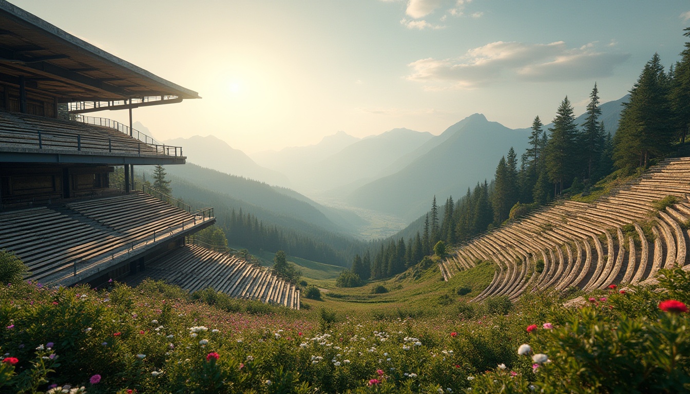 Prompt: Plateau, enhanced spectator experience, elevated platform, grandstand seating, tiered structure, steel beams, wooden planks, safety rails, panoramic view, mountainside, lush greenery, wildflowers blooming, gentle breeze, soft natural light, afternoon sun, warm ambiance, misty atmosphere, distant valley, rolling hills, serene landscape, cinematic composition, wide-angle shot, 3/4 perspective, realistic rendering, vivid colors.