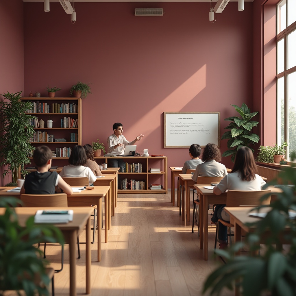 Prompt: Educational space, plum color walls, calming atmosphere, modern minimalist interior design, wooden desks, ergonomic chairs, green plants, softbox lighting, warm tone, creative corner, inspirational quotes, bookshelves, laptops, students studying, professors teaching, calm facial expressions, gentle gestures, natural textures, earthy tones, harmonious ambiance.