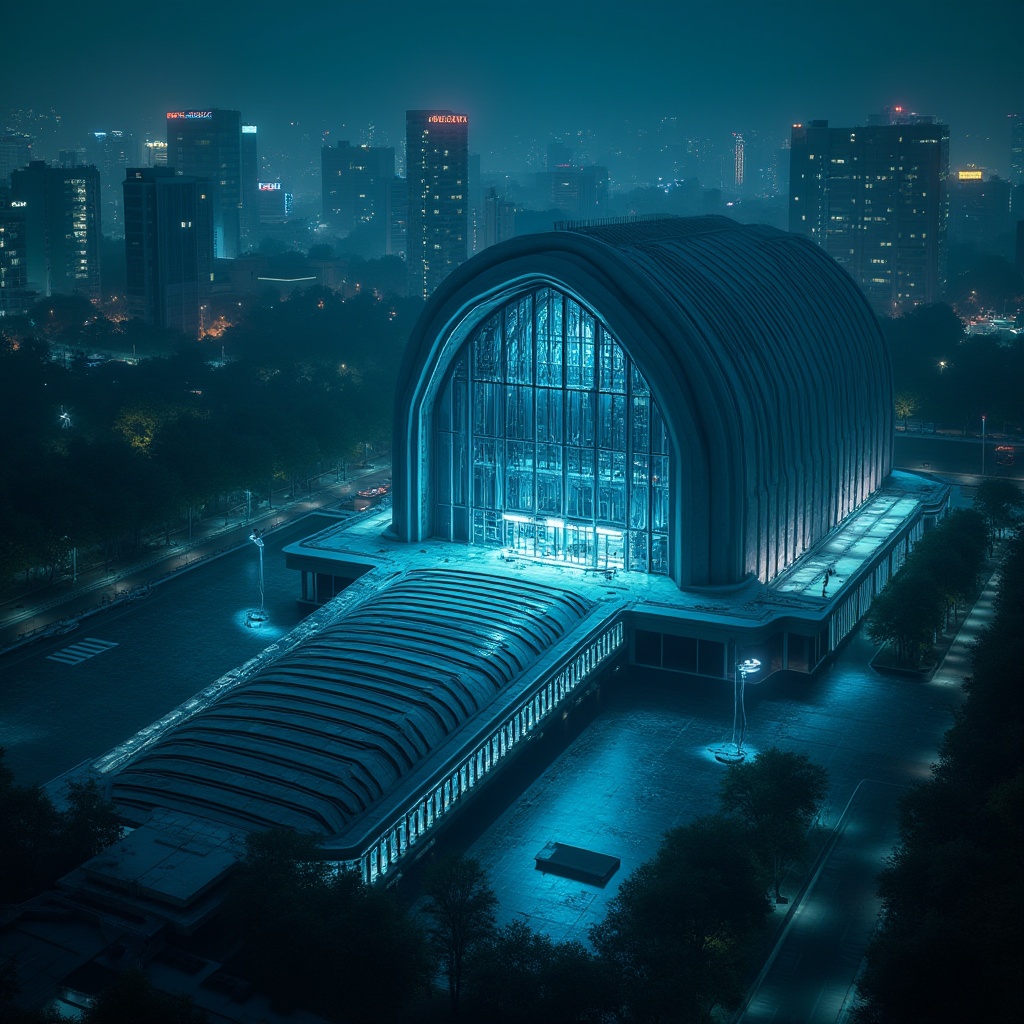 Prompt: Concert house, modern architecture, dark cyan color scheme, sleek lines, minimalist design, glass facade, steel structure, LED lighting, urban cityscape, night scene, dramatic spotlights, shadows, geometric shapes, abstract composition, futuristic ambiance, high-angle shot, cinematic mood, vibrant city life.