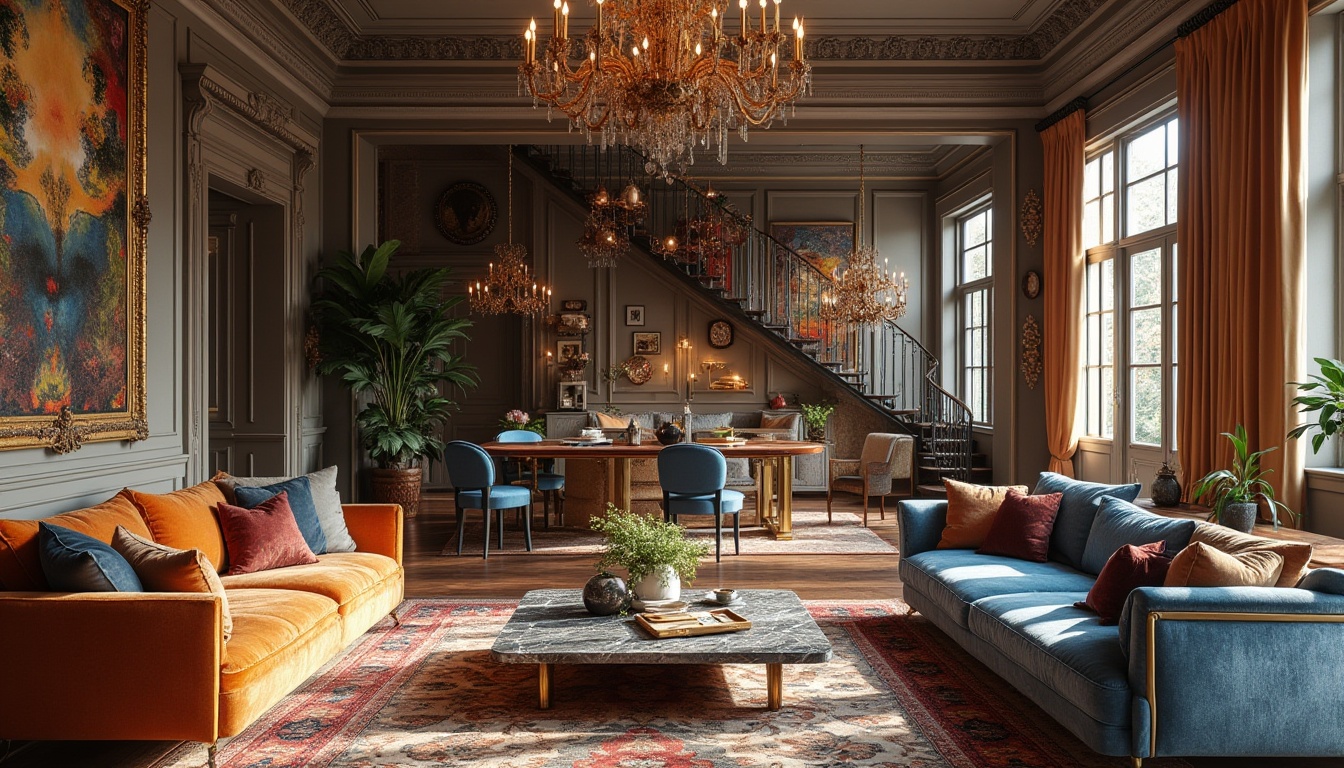 Prompt: Eclectic interior, luxurious living room, ornate golden frame, velvet sofa, marble coffee table, vintage rug, mix-and-match furniture, bold colorful artwork, intricate patterns, rich textures, lavish decor, opulent chandelier, dramatic floor-to-ceiling curtains, grand staircase, spacious high ceiling, natural light pouring in, warm ambient lighting.