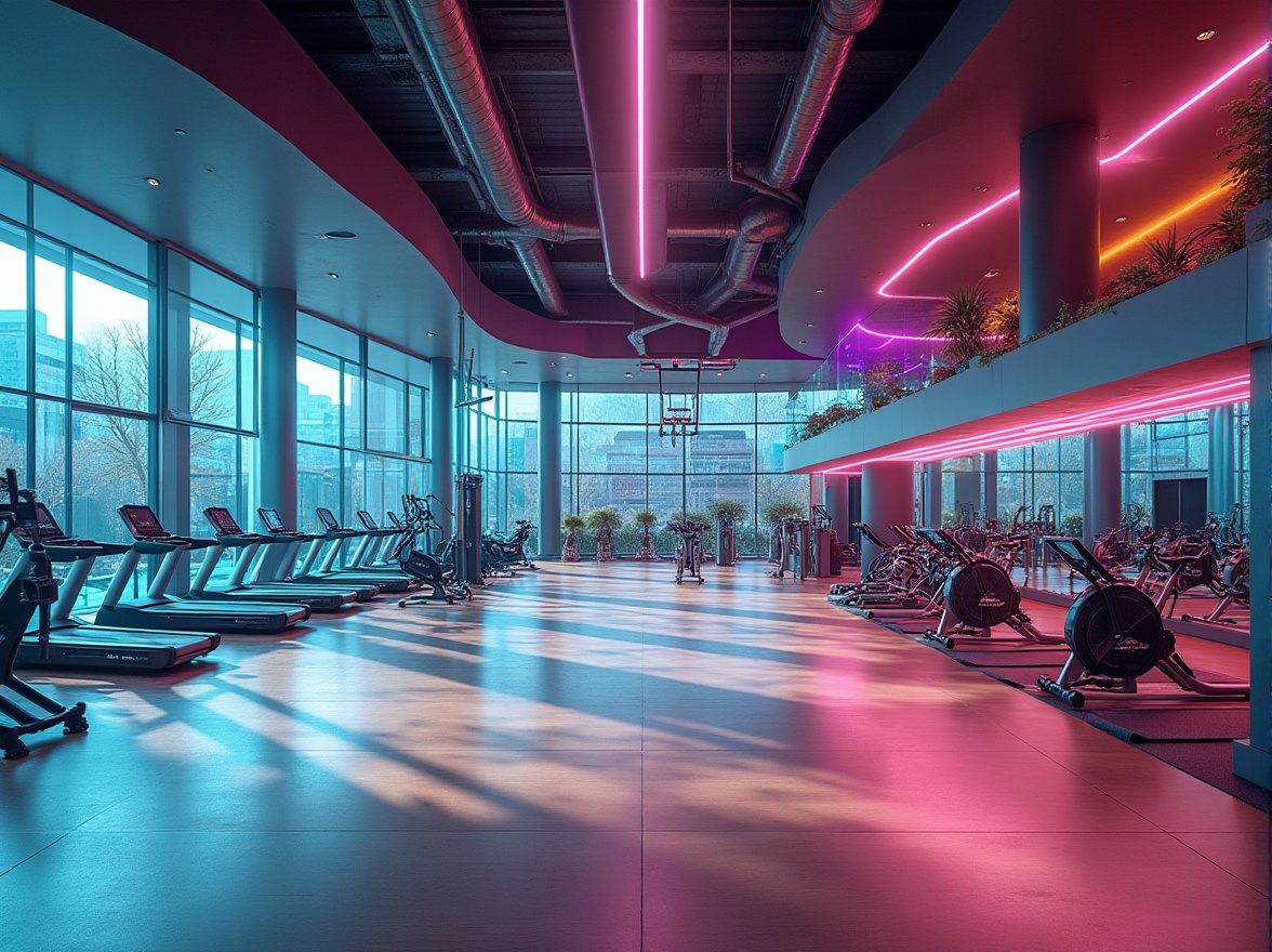 Prompt: Modern suburban gymnasium, futuristic architecture, curved lines, transparent glass walls, steel beams, wooden floors, mirrored ceilings, colorful LED lights, state-of-the-art equipment, treadmills, free weights, exercise bikes, yoga mats, athletic tracks, basketball courts, swimming pools, saunas, locker rooms, showers, spacious interiors, natural light pouring in, 3/4 composition, low-angle shot, dynamic lighting, vibrant colors, youthful atmosphere.