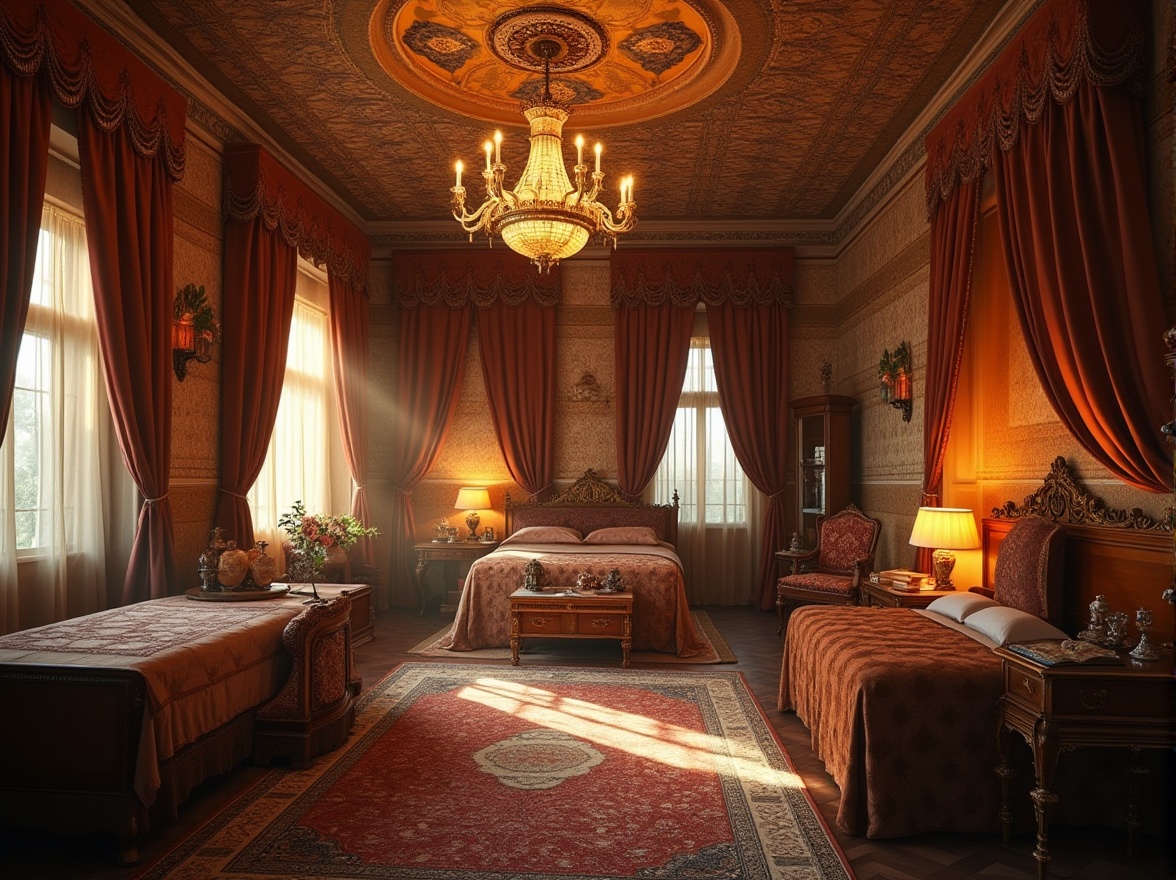 Prompt: Byzantine style dorm, ornate architecture, luxurious atmosphere, grand chandelier, intricate mosaics, warm golden lighting, richly textured rugs, velvet drapes, regal beds with canopy, antique furniture, ornamental vases, lavish decor, cozy reading nook, wooden desk with ornate legs, leather-bound books, studious atmosphere, solitary figure, peaceful ambiance, soft focus, warm color palette, shallow depth of field.