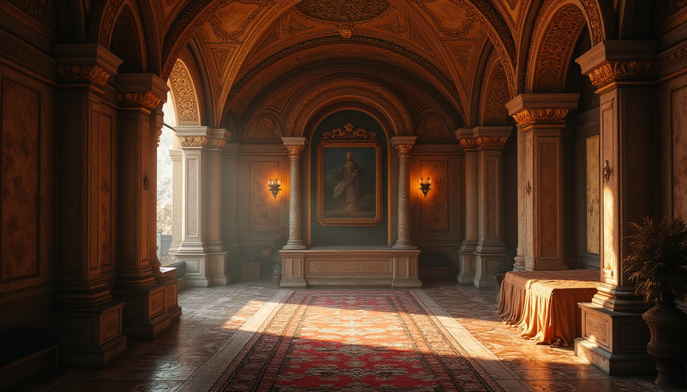 Prompt: Byzantine dormitory, ornate plaster material, intricate patterns, golden accents, luxurious fabrics, majestic arches, grandiose columns, regal atmosphere, dim warm lighting, soft shadows, detailed stone carvings, mystical ambiance, ancient relics, solemn silence, mysterious corridors, vaulted ceilings, rich textures, historic significance.