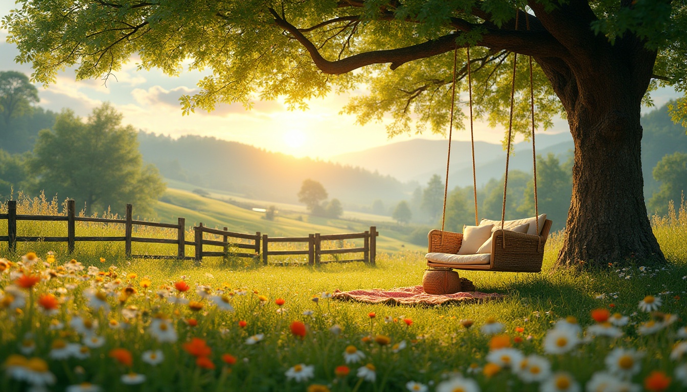 Prompt: Sunny meadow, lush green grass, colorful blooming wildflowers, daisies, sunflowers, gentle breeze, soft rustling sound, warm natural light, shallow mist, rolling hills, wooden fence, rusty gate, old oak tree, swing hanging from branch, comfortable cushions, picnic blanket, wicker basket, refreshing afternoon, peaceful atmosphere, serene landscape, horizontal composition, warm color palette, cinematic mood, dreamy ambiance.