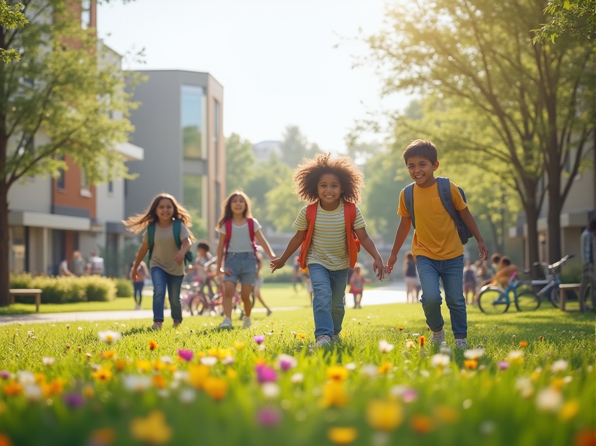 Prompt: Residential area, community design, school campus, kids playing, sunny afternoon, vibrant green grass, colorful flowers blooming, modern architecture buildings, minimalist designs, large windows, wooden benches, pedestrian paths, bicycles parked, students walking, backpacks on, smiling faces, joyful atmosphere, soft natural lighting, warm colors, shallow depth of field, 3/4 composition.