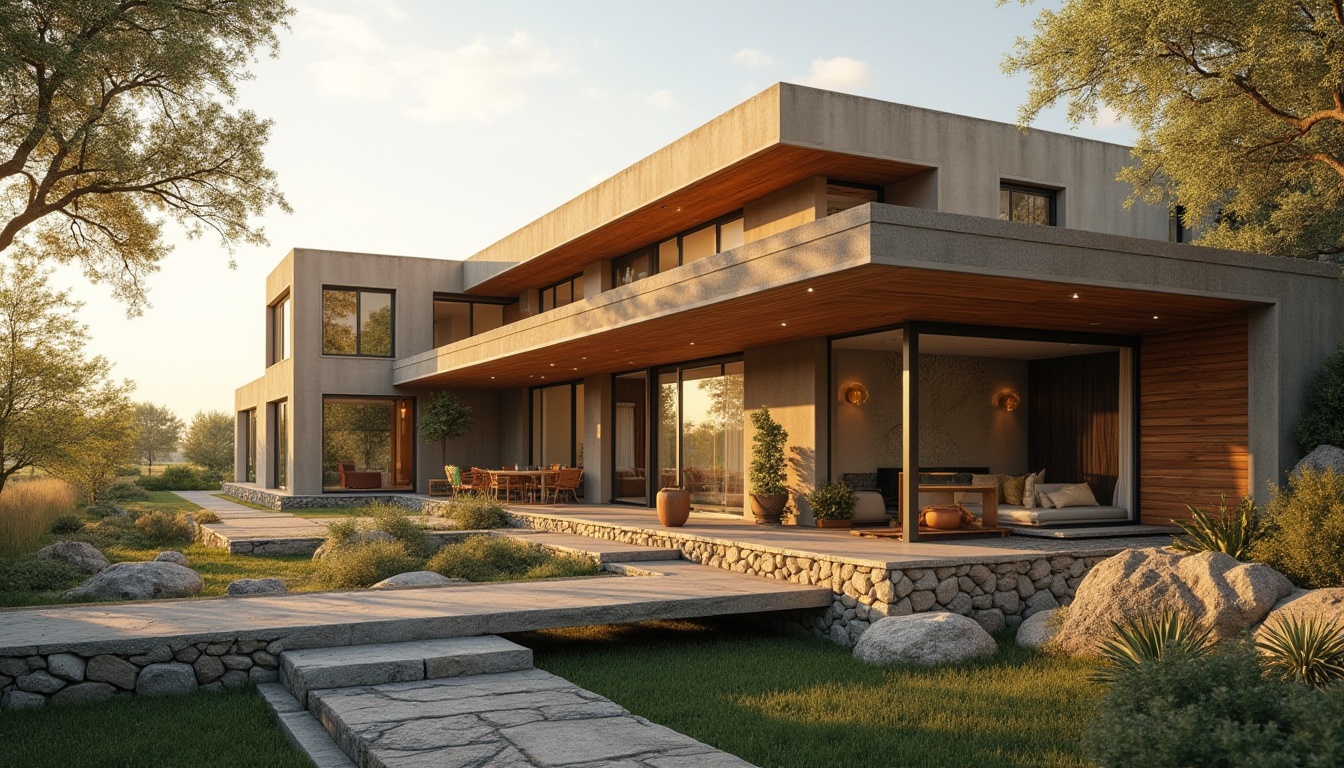 Prompt: Villa, modernism, khaki color, exterior wall, rough stone foundation, large glass windows, sliding doors, minimalist decoration, greenery, succulents, wooden accents, natural texture, warm lighting, afternoon sun, 3/4 composition, panoramic view, ambient light, cinematic mood.