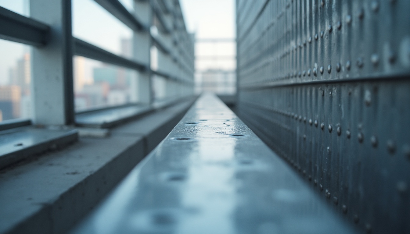 Prompt: Modern galvanized steel, silver metallic color, reflective surface, industrial texture, sleek lines, minimalist design, low-key decoration, urban atmosphere, cityscape background, skyscraper, contemporary architecture, steel beam structure, corrugated metal sheet, rivets detail, close-up shot, high contrast lighting, shallow depth of field.