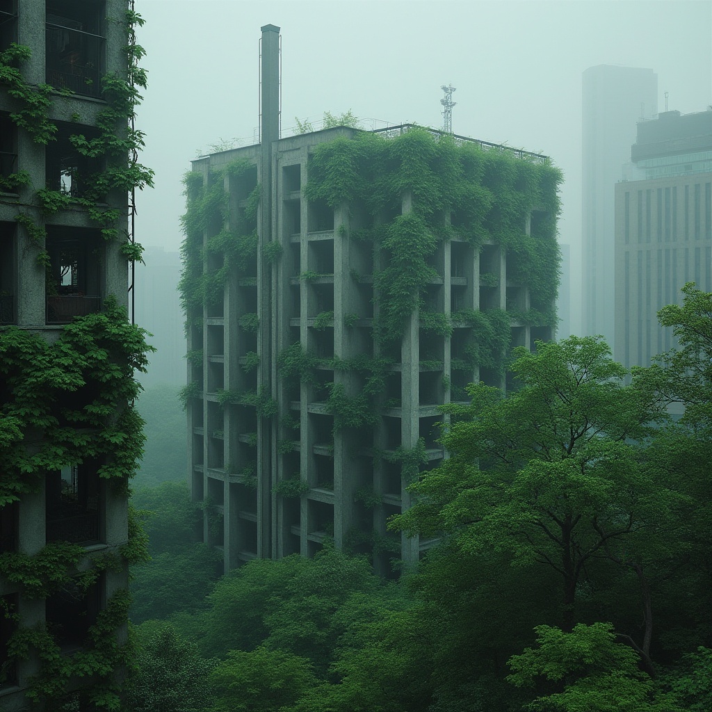 Prompt: Brutalist building, incorporating green color, lush ivy crawling up concrete walls, vibrant green accents on metal beams, geometric shapes, industrial materials, urban setting, cityscape, foggy morning, soft mist, dramatic shadows, high contrast, 3/4 composition, symmetrical framing, cinematic mood, moody lighting.