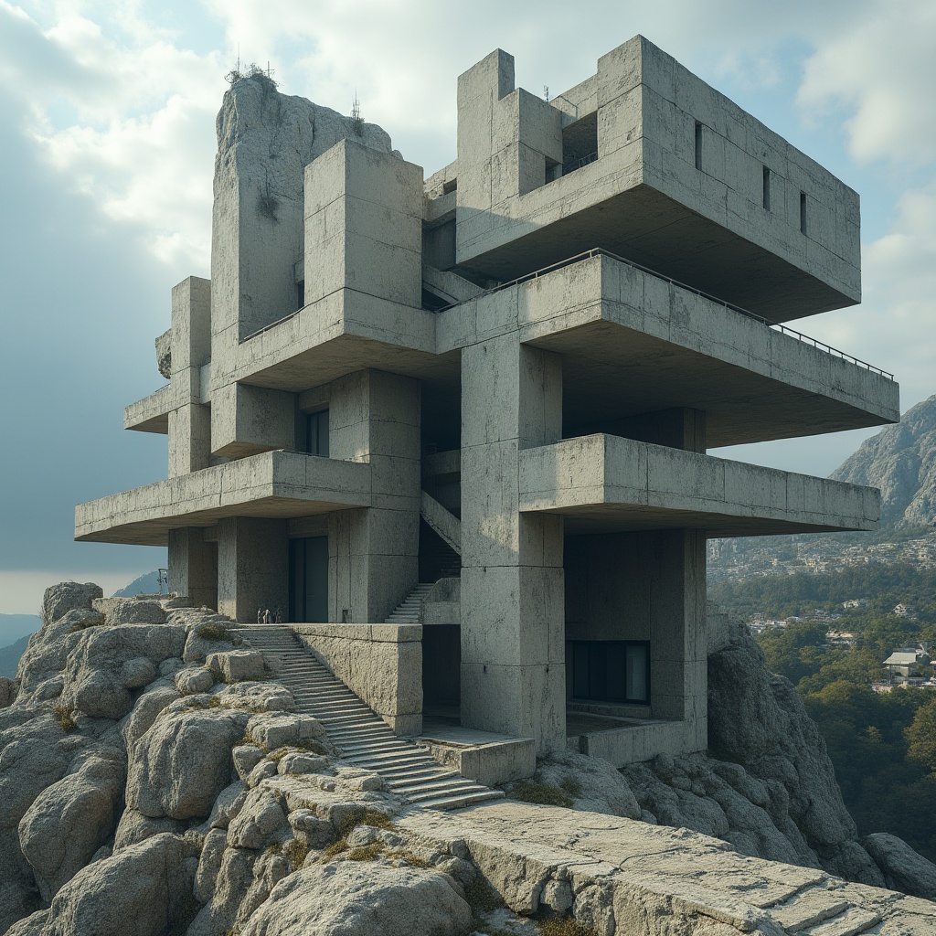 Prompt: Brutalist architecture, rugged granite material, rough-hewn texture, monumental structure, fortress-like building, geometric shapes, monolithic forms, raw concrete walls, bold cantilevered roofs, dramatic staircases, imposing columns, grand atriums, urban cityscape, cloudy skies, dramatic shadows, cinematic composition, high-contrast lighting.