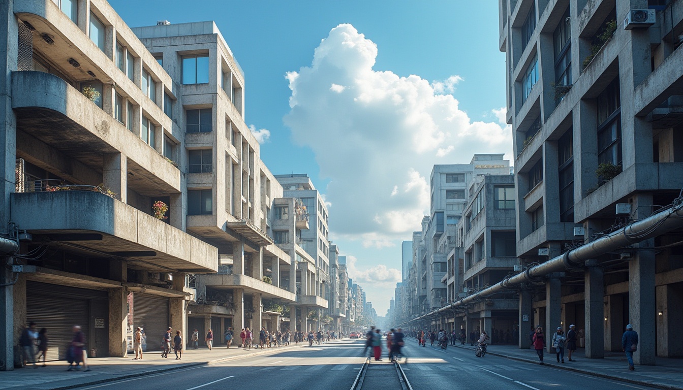 Prompt: Urban commercial districts, brutalist architecture, geometric shapes, concrete structures, rugged textures, metallic accents, cityscape, daytime, clear blue sky, few puffy white clouds, busy streets, pedestrians in motion, blurring effect, abstract background, urban jungle, high-rise buildings, glass facades, steel beams, industrial pipes, 3/4 composition, low-angle shot, dramatic shadows, moody lighting.