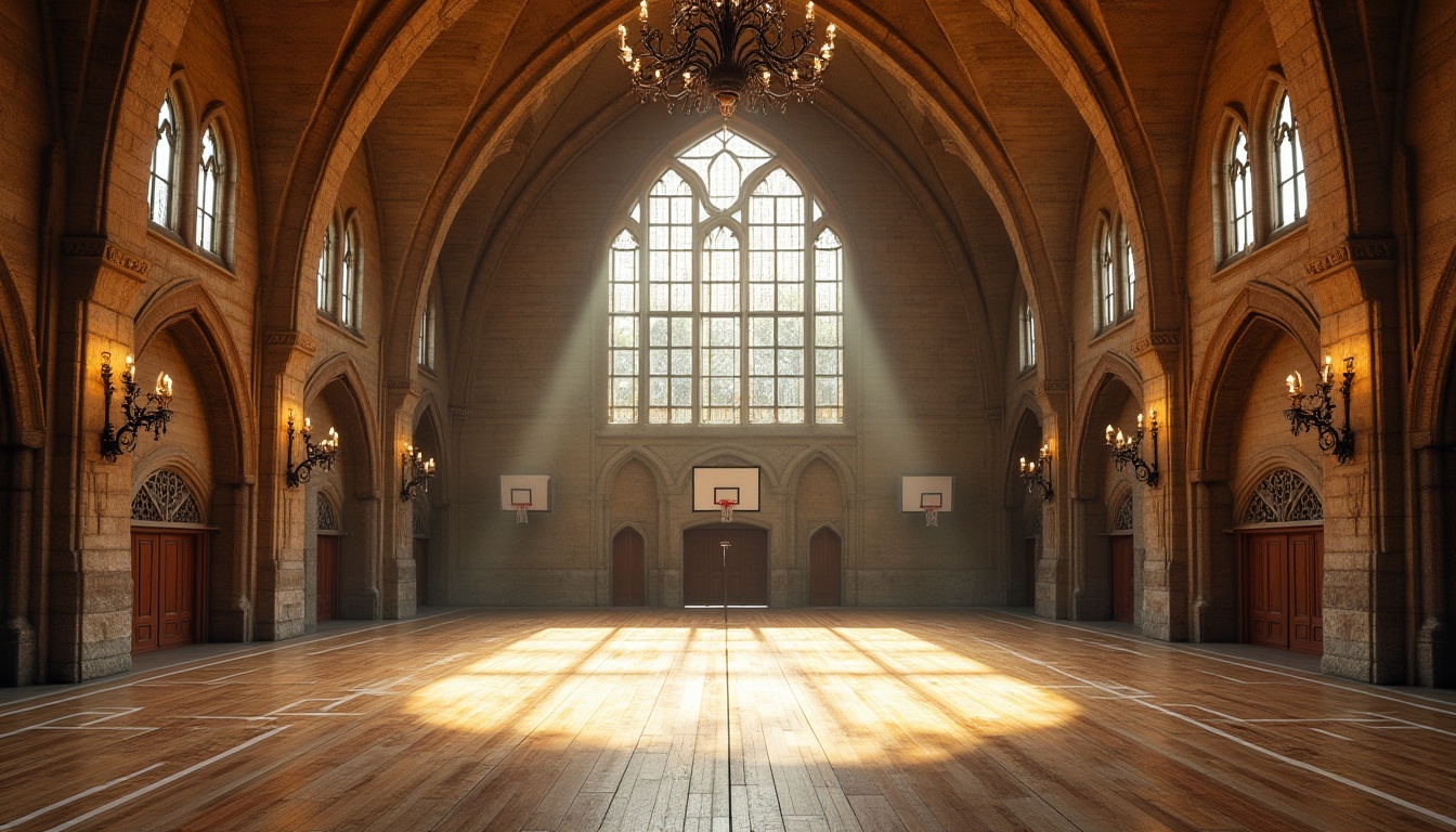 Prompt: Romanesque gymnasium, ancient-inspired architecture, fiber-cement walls, textured stone-like finish, grand high ceiling, ornate chandeliers, stained glass windows, wooden floorboards, athletic tracks, basketball hoops, medieval-style columns, natural light pouring in, warm afternoon sunbeams, dramatic shadows, 3/4 composition, symmetrical framing, softbox lighting, cinematic ambiance.