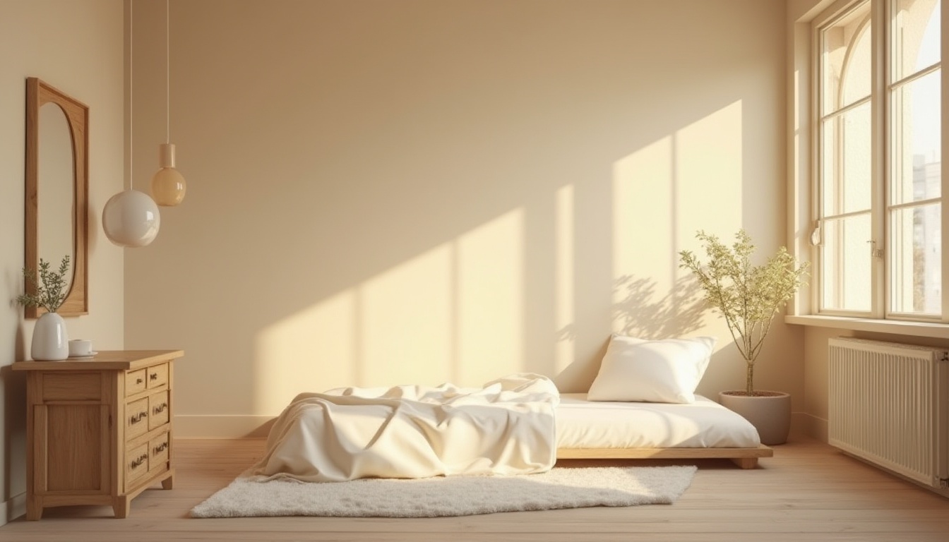 Prompt: Beige dorm room, cozy atmosphere, wooden furniture, soft beige walls, cream-colored bed sheet, fluffy white pillows, warm lighting, gentle shadows, 3/4 composition, minimalist decor, modern simplicity, calm ambiance, soft focus, natural light pouring in through large windows, subtle texture on walls and furniture, smooth wood grain, peaceful environment, serene colors, gentle contrast.