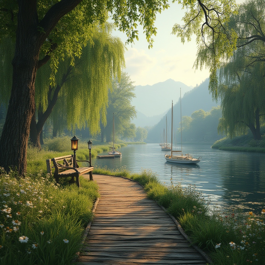 Prompt: Riverbank scene, serene atmosphere, lush greenery, weeping willows, blooming wildflowers, soft sunlight filtering through trees, warm ambient lighting, gentle river flow, subtle ripples on water surface, wooden dock, rustic benches, vintage lanterns, few sailboats drifting lazily, misty mountains in the distance, 3/4 composition, panoramic view, realistic textures, cinematic mood, HDR effect.