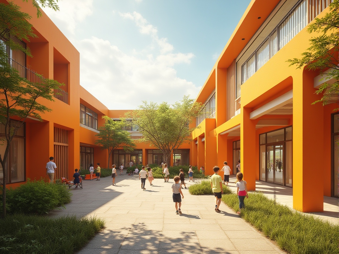 Prompt: Persimmon color, vibrant orange-yellow tone, elementary school building, modern architecture, flat roof, large windows, wooden accents, playful curves, open courtyard, greenery surroundings, afternoon sunlight, warm shadows, students playing outside, joyful atmosphere, learning environment, colorful lockers, patterned floors, natural materials, earthy texture, soft lighting, 3/4 composition, panoramic view.