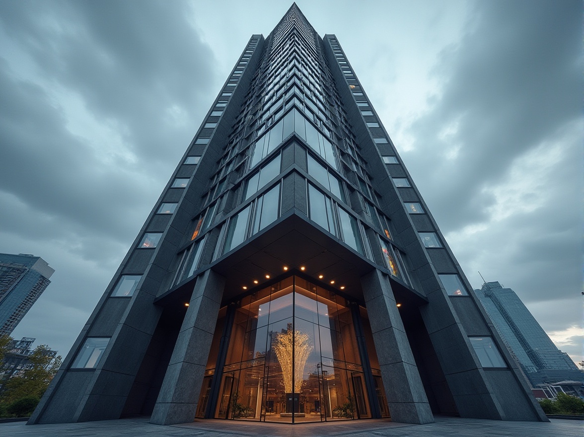 Prompt: Modern skyscraper, dark gray concrete exterior, sleek windows, angular architecture, cityscape background, urban atmosphere, cloudy sky, dramatic lighting, low-angle shot, bold composition, metropolitan feel, steel beams, glass panels, luxurious lobby, marble floors, high-rise building, contemporary design, sharp lines, minimalist decor.