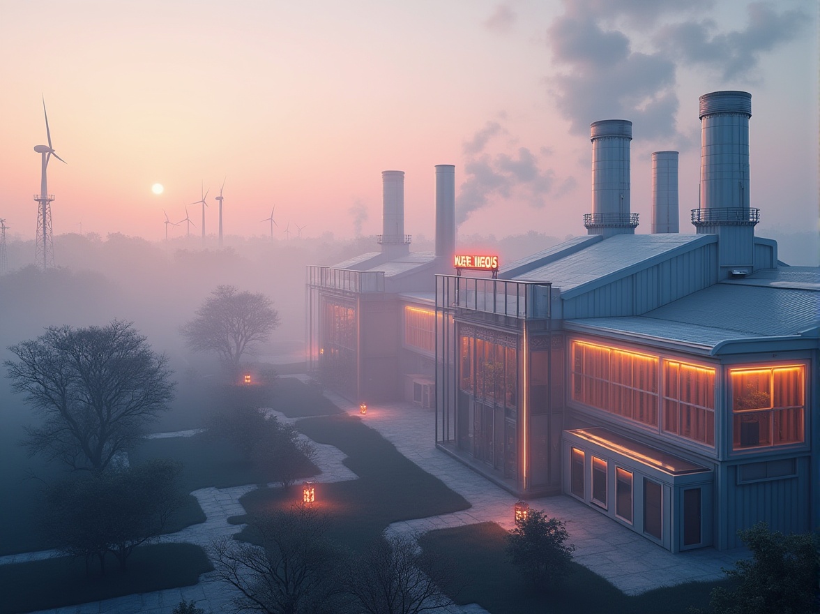 Prompt: Savannah-inspired energy plants, minimalistic, futuristic architecture, steel frames, glass facades, sleek lines, rounded edges, neon lights, luminescent accents, solar panels, wind turbines, geothermal vents, misty atmosphere, dawn/dusk lighting, warm pastel colors, subtle shading, ambient occlusion, cinematic composition, 3/4 view, low angle shot.