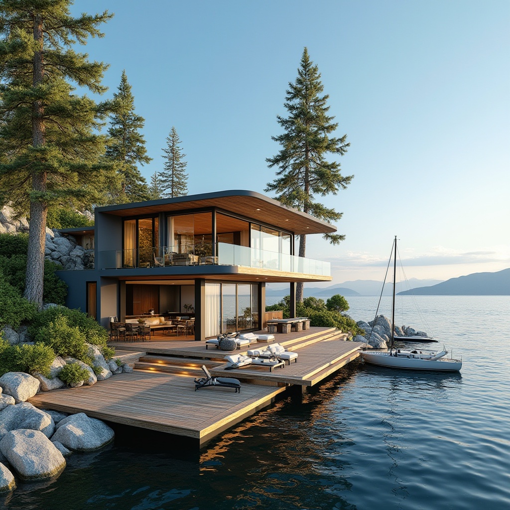 Prompt: Lakefront properties, luxurious villa, modern architecture, large windows, sliding glass doors, wooden decks, outdoor furniture, BBQ area, private dock, sailboats, sunny day, clear blue sky, calm lake water, lush greenery, tall trees, rocky shores, gentle waves, warm soft lighting, panoramic view, 3/4 composition.