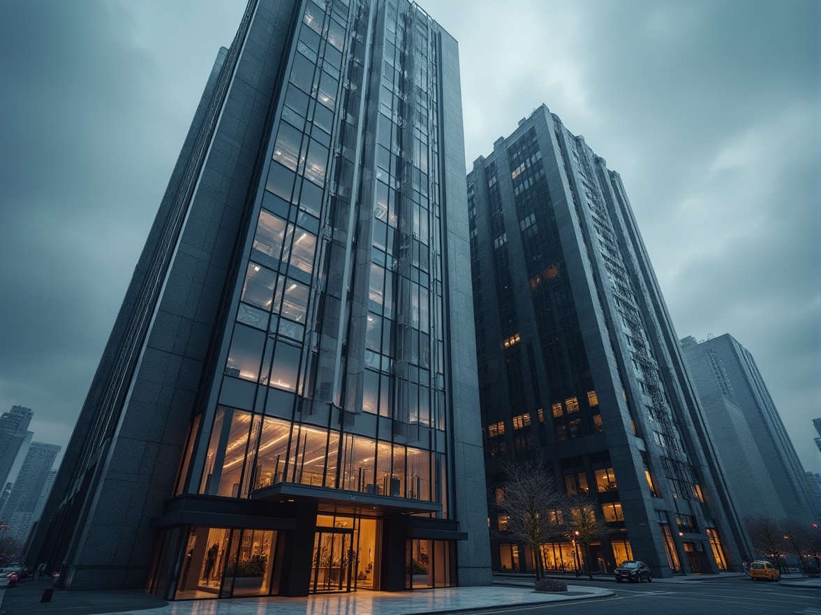 Prompt: Modern skyscraper, dark gray exterior, sleek glass windows, metallic accents, abstract architectural design, urban cityscape, cloudy sky, dramatic lighting, low-angle shot, imposing structure, minimalist interior, marble floor, steel elevator, luxurious lobby, 3/4 composition, cinematic mood, high-contrast tone.