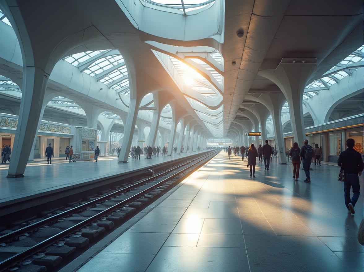 Prompt: Modern tram station, futuristic architecture, sleek lines, Lavacrete material, silver-gray tone, glossy finish, metallic sheen, reflective surface, urban cityscape, morning commute, natural light pouring through skylights, busy pedestrian traffic, dynamic angular composition, shallow depth of field, high-contrast lighting, vibrant colors, abstract background blur.