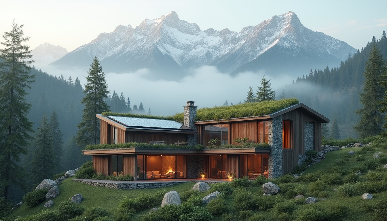 Prompt: Mountainous region, sustainable architecture, eco-friendly, green roofs, solar panels, wooden structure, minimalist design, modern villa, snow-capped mountains, evergreen trees, misty atmosphere, foggy morning, soft natural lighting, warm interior, cozy living room, large windows, panoramic view, 3/4 composition, rustic stone walls, recycled materials, earthy tone, nature-inspired decor.