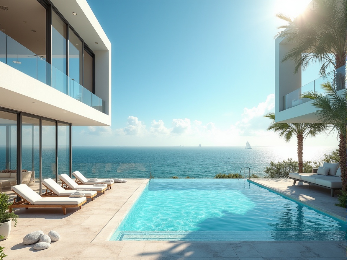 Prompt: Seaside villa, luxurious coastal mansion, modern architecture, white walls, large windows, sliding glass doors, oceanview balcony, infinity pool, sun loungers, palm trees, beach towels, sailboats in the distance, clear blue sky, few white clouds, warm sunlight, soft sea breeze, sound of waves crashing, 3/4 composition, low-angle shot, cinematic lighting, HDR.